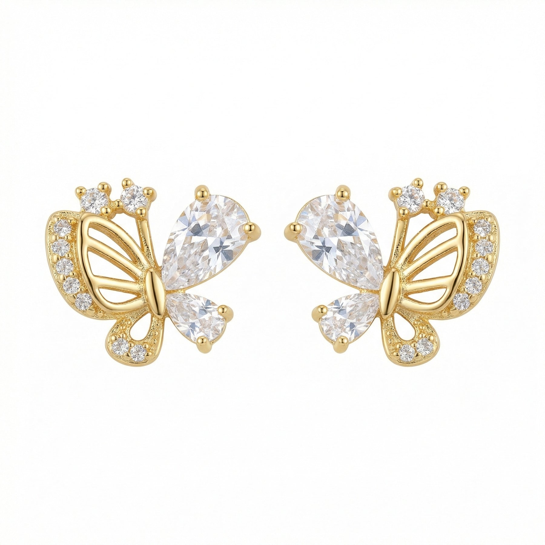 Butterfly Studs, Pear and Round Cuts – sterling silver earrings, close-up