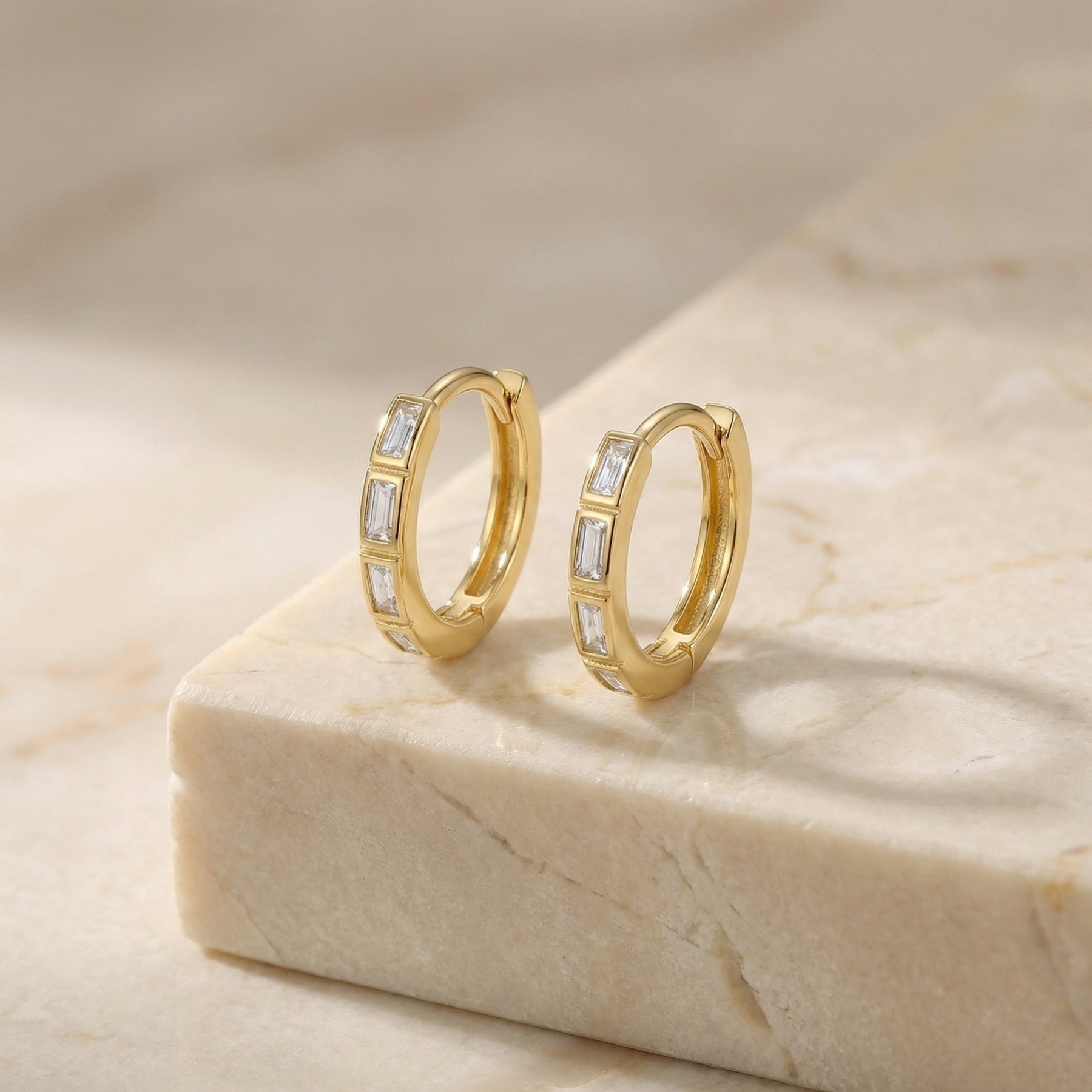 Baguette Inlay Huggie Hoop Earrings – sterling silver earrings, close-up