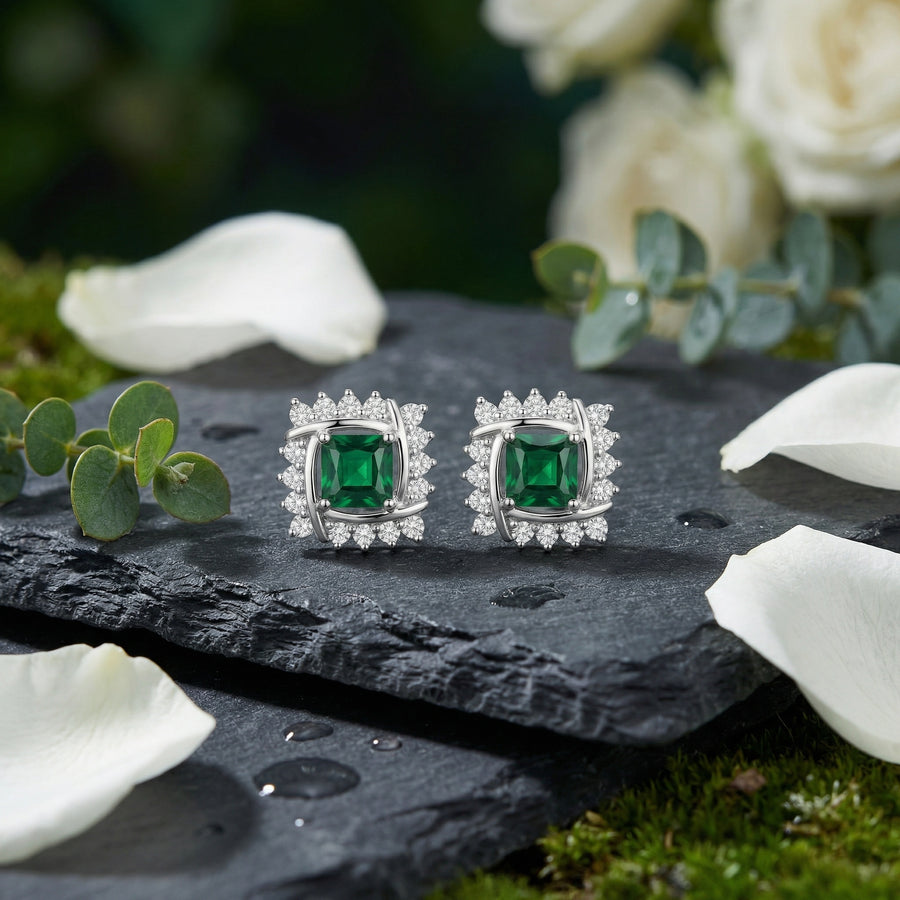 Square Green stone Interlocking Halo Studs – green stone earrings, front view
