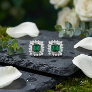 Square Green stone Interlocking Halo Studs – green stone earrings, front view