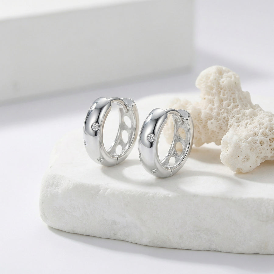 Sparkling Gemstone Huggie Hoop Earrings – sterling silver earrings, front view