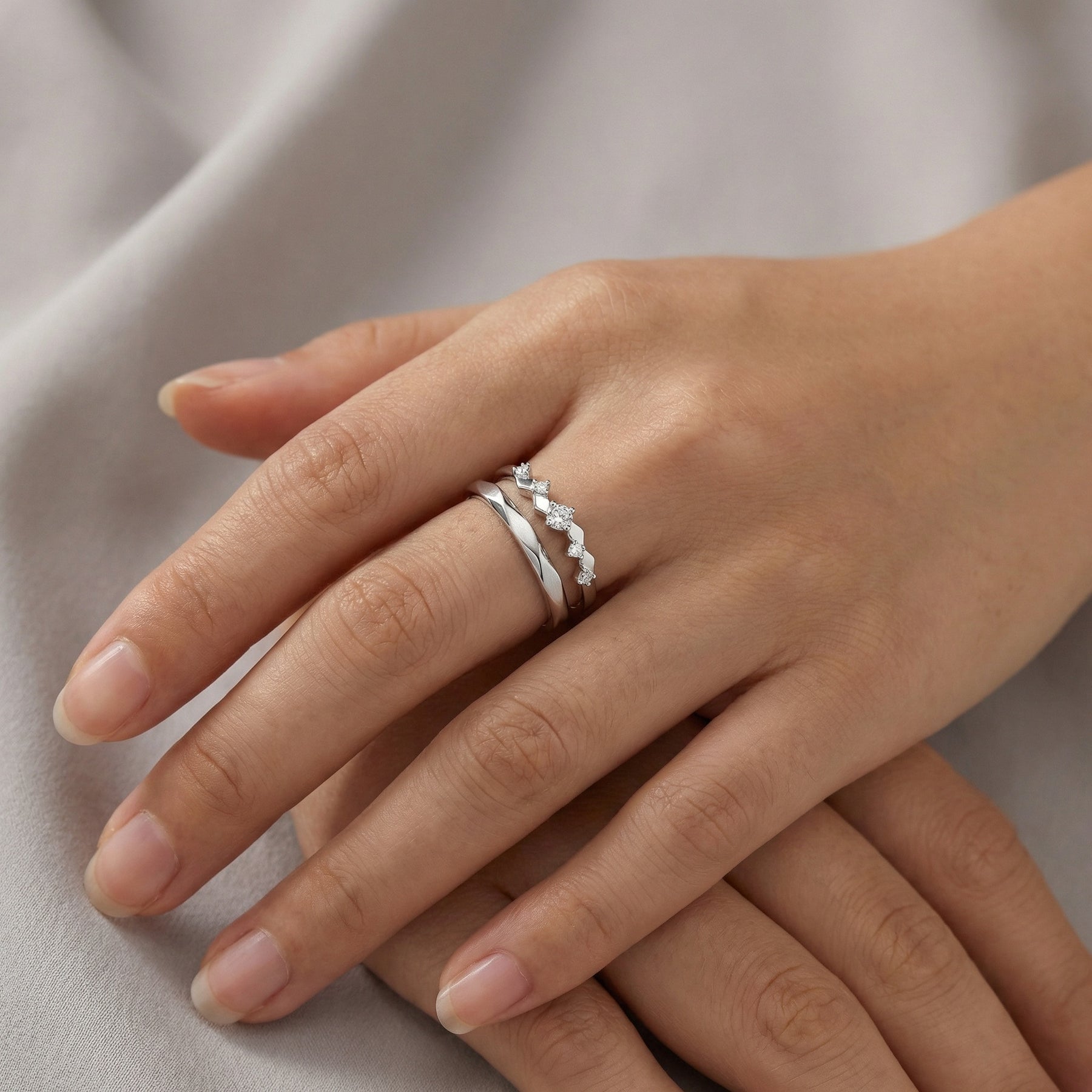 Faceted Couple Rings, Stone-Set Band – sterling silver ring, close-up