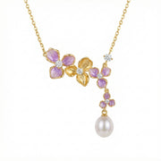 Purple Floral Enamel Pearl Necklace – pearl necklace, front view