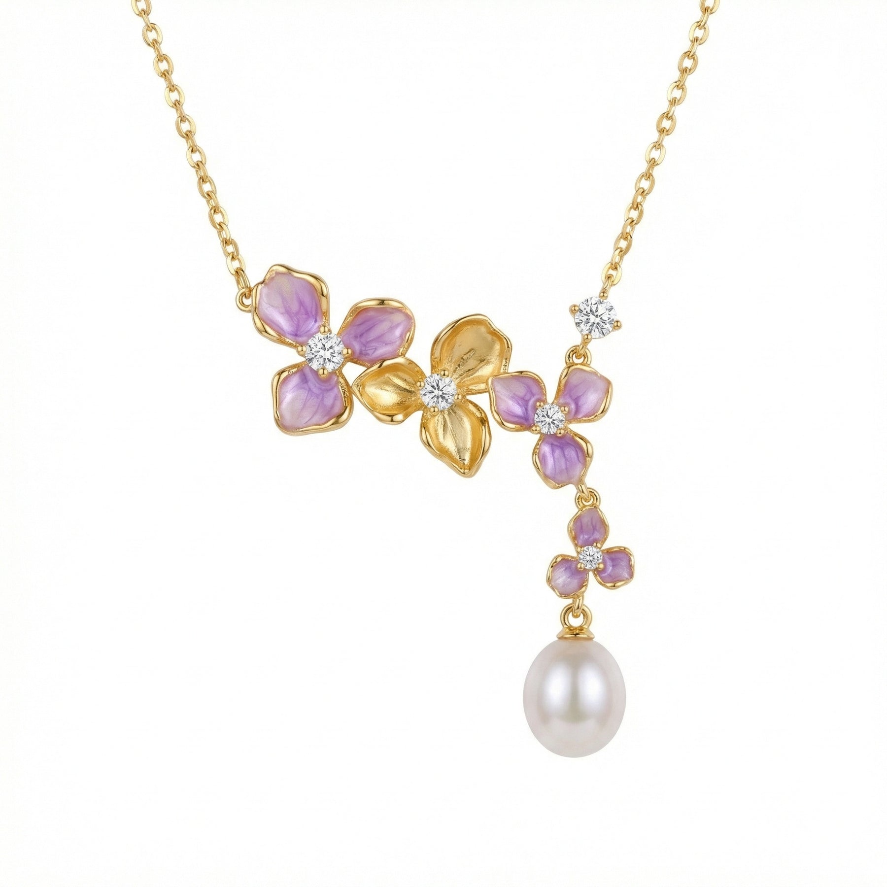 Purple Floral Enamel Pearl Necklace – pearl necklace, front view