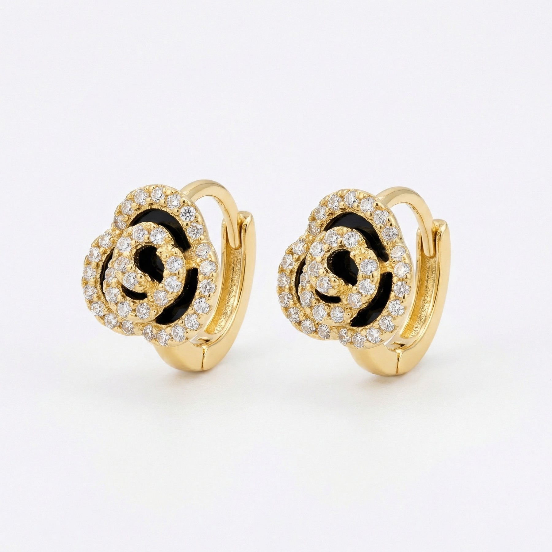 Black Enamel Rose Huggie Hoop Earrings – sterling silver earrings, side detail