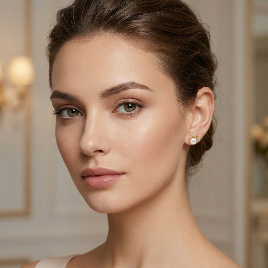 Ribbon Bow Pearl Drop Earrings – pearl earrings, close-up