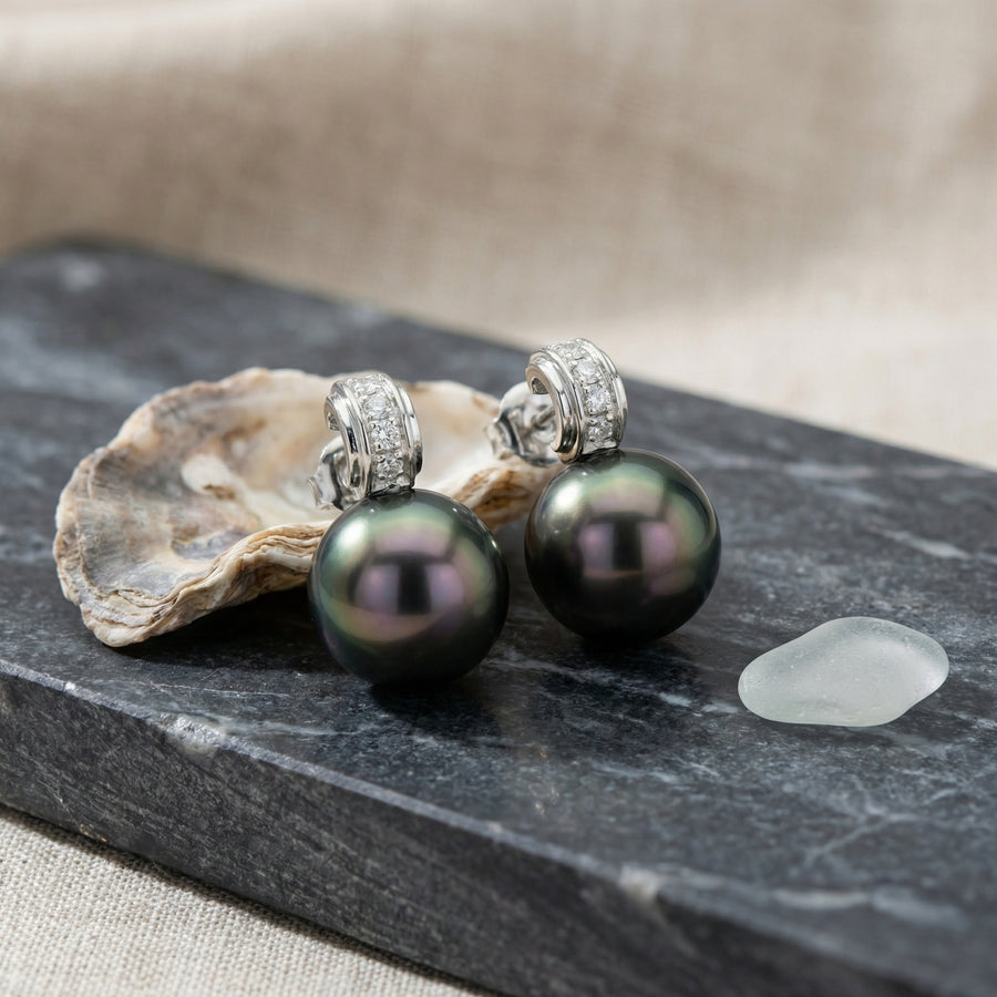 Tahitian Black Pearl Stud Earrings – pearl earrings, close-up