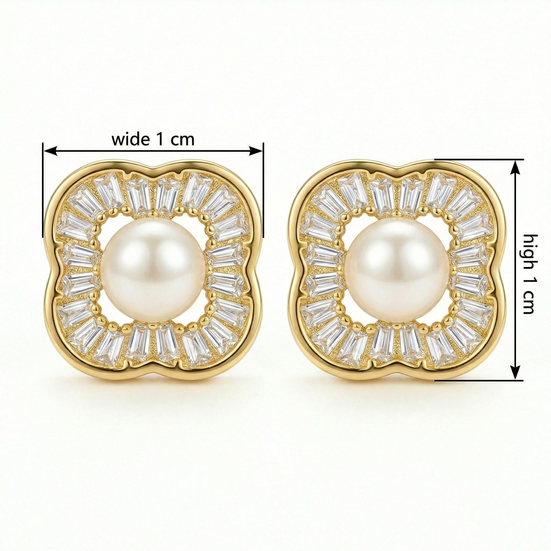 Pearl Studs, Baguette Quatrefoil Halo – pearl earrings, side detail