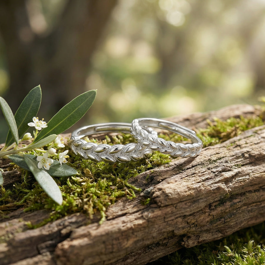 Wheat Leaf Matching Couple's Rings – sterling silver ring, front view
