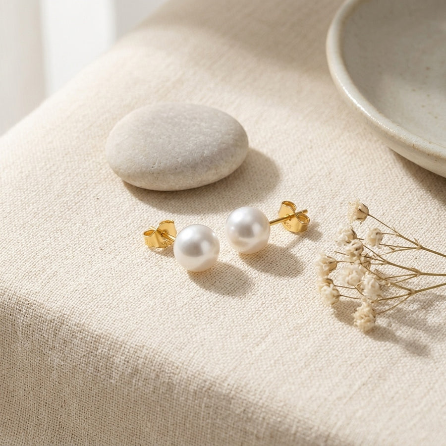 White Round Pearl Studs, Polished Finish – pearl earrings, close-up