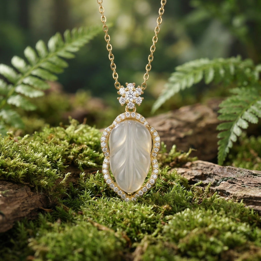 Carved Leaf Gemstone Necklace – sterling silver necklace, side detail