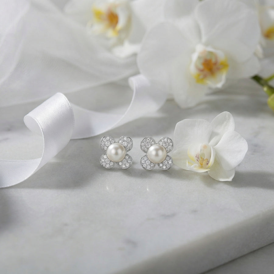 Four-Petal Flower Pearl Studs – pearl earrings, front view