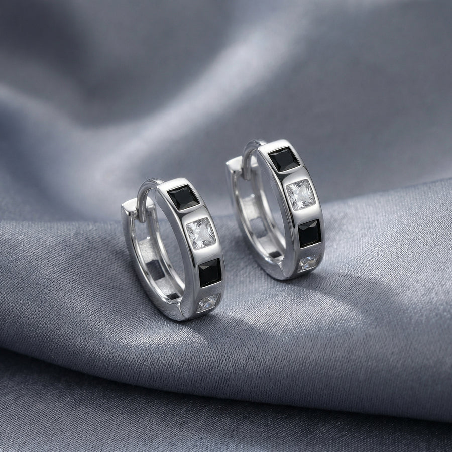Black and Clear Square CZ Huggie Hoops – zircon earrings, close-up