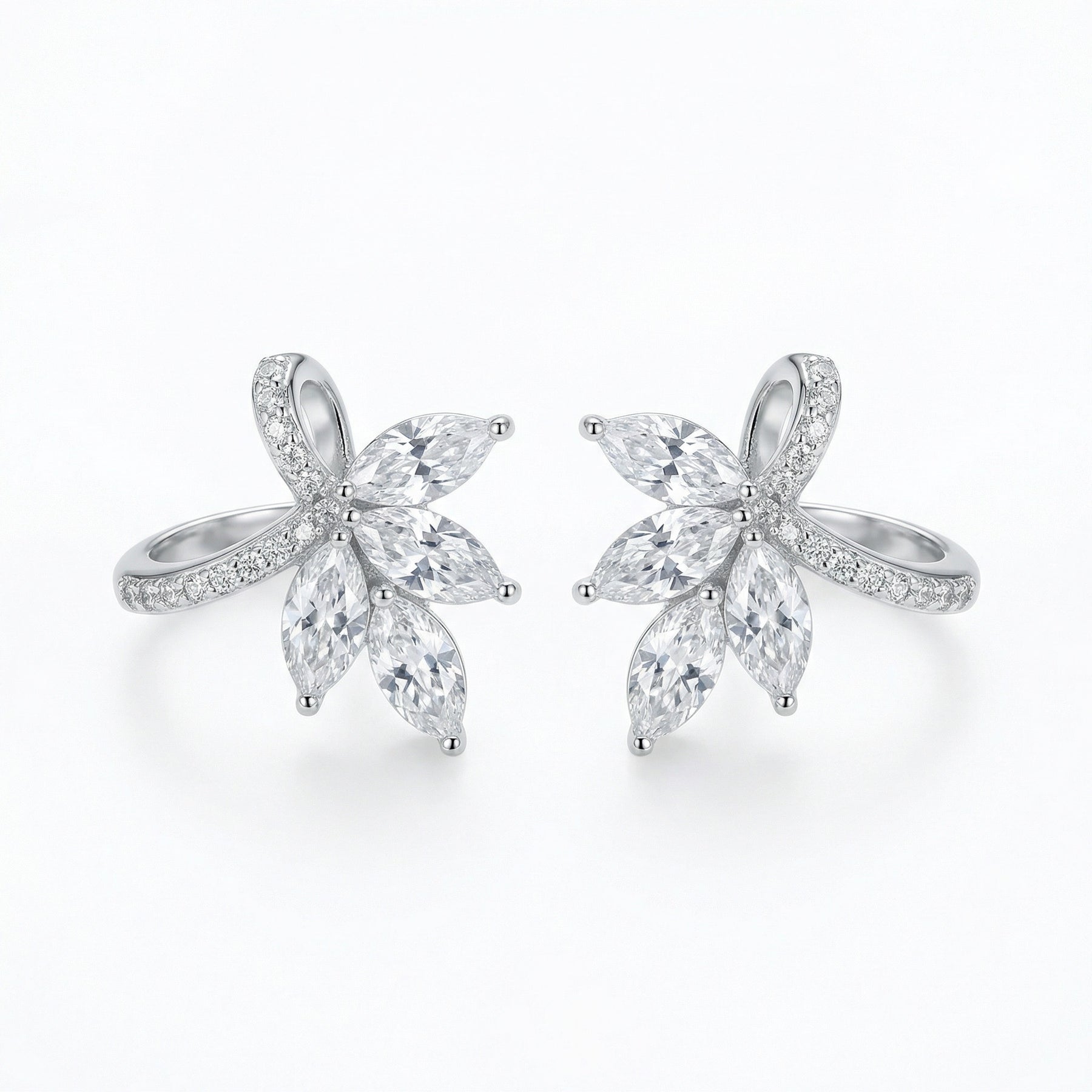 Marquise Floral Ribbon Stud Earrings – sterling silver earrings, close-up