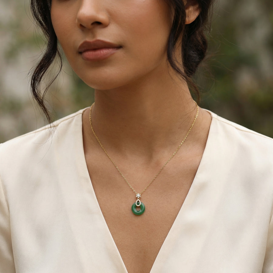 Green Jade Donut Necklace, Floral Accents – jade necklace, front view