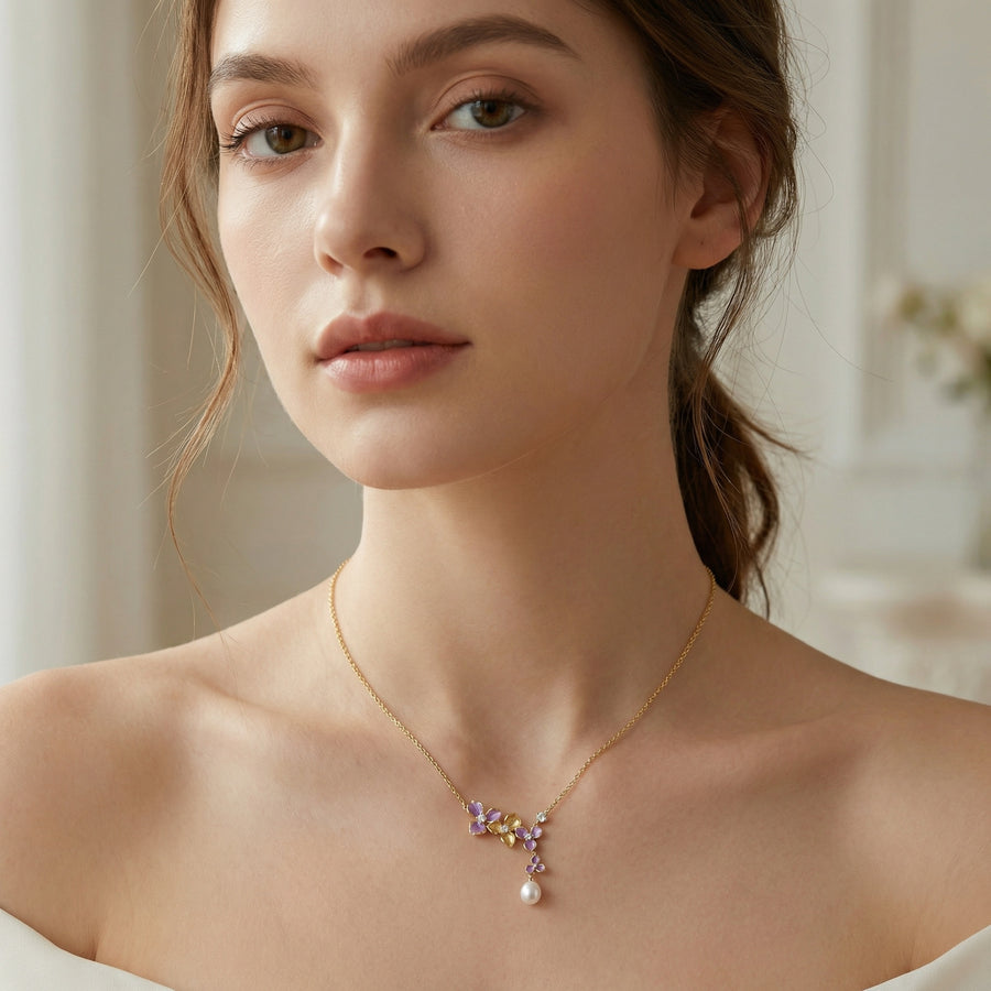 Purple Floral Enamel Pearl Necklace – pearl necklace, close-up