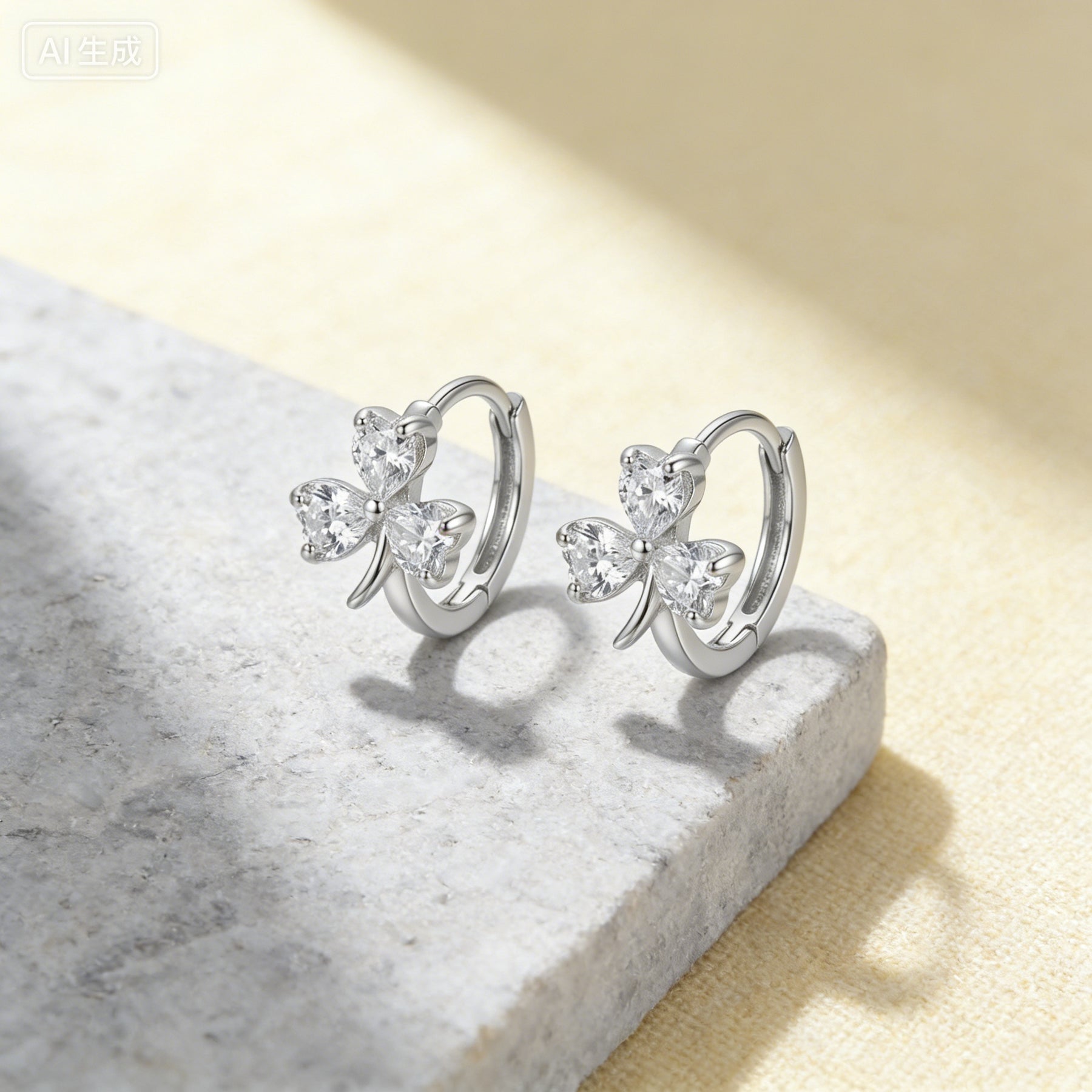 Heart Clover Silver Hoop Earrings – sterling silver earrings, close-up