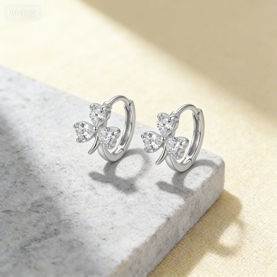Heart Clover Silver Hoop Earrings – sterling silver earrings, close-up
