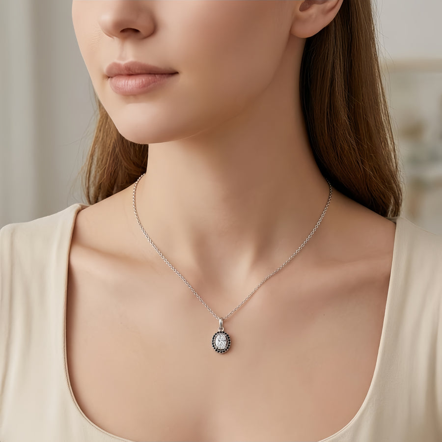 Oval Pendant with Black Accents – sterling silver necklace, side detail