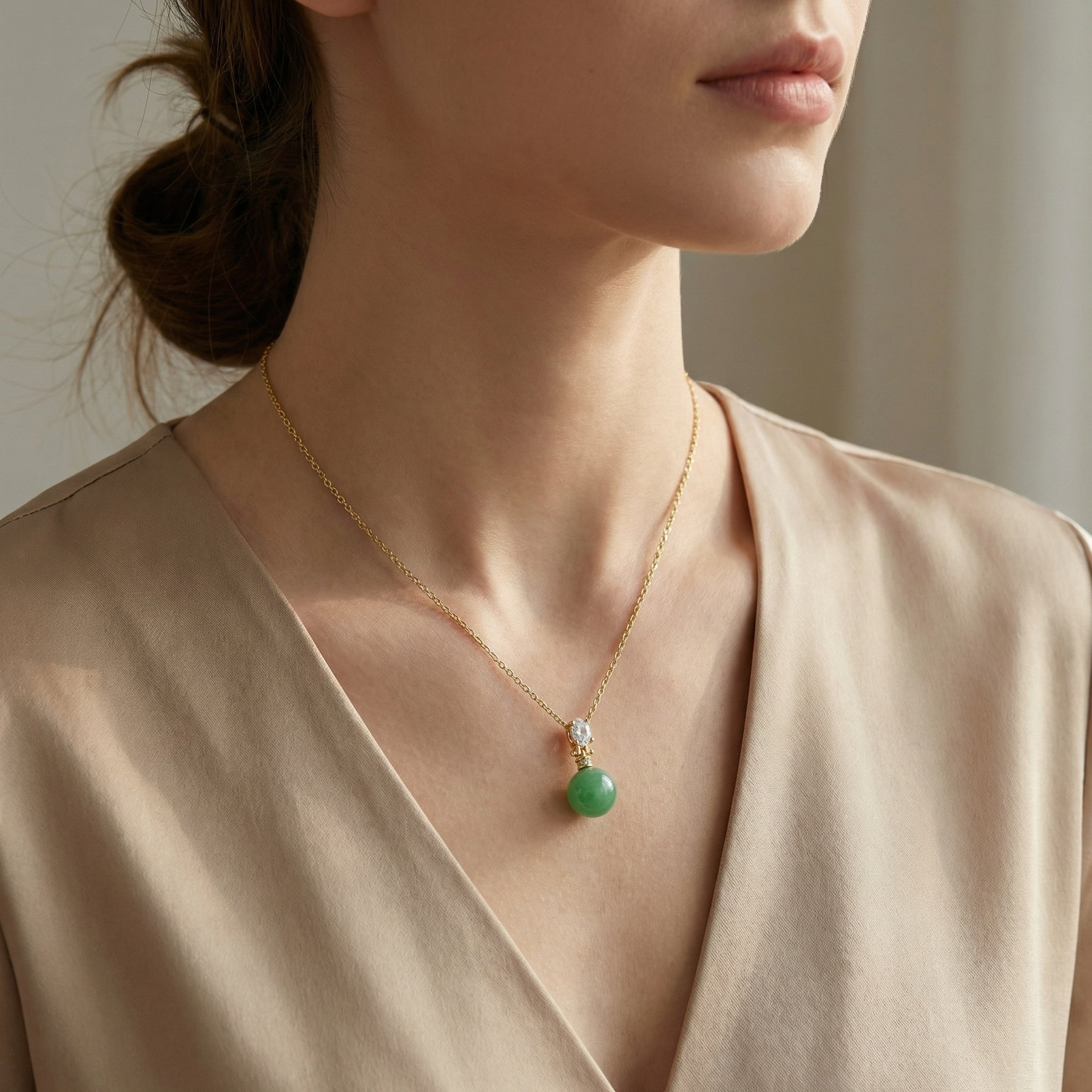 Green Jade Sphere Pendant Necklace – jade necklace, front view