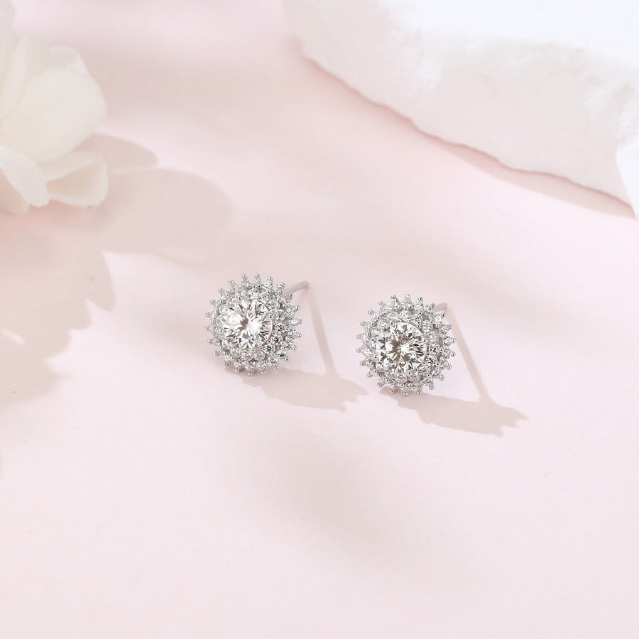 Silver Floral Studs with Sparkling stone Center – sparkling stone earrings, front view