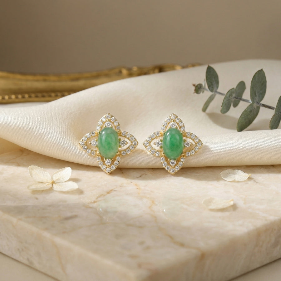 Jadeite Floral Cluster Stud Earrings – jade earrings, front view