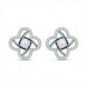 Pearl Quatrefoil Studs, Navy Accents – pearl earrings, close-up