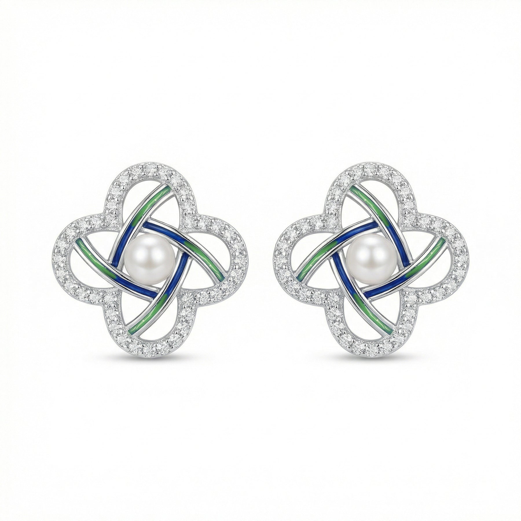 Pearl Quatrefoil Studs, Navy Accents – pearl earrings, close-up