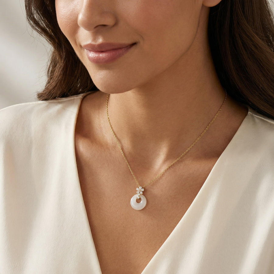 White Gemstone Circle Flower Necklace – sterling silver necklace, side detail