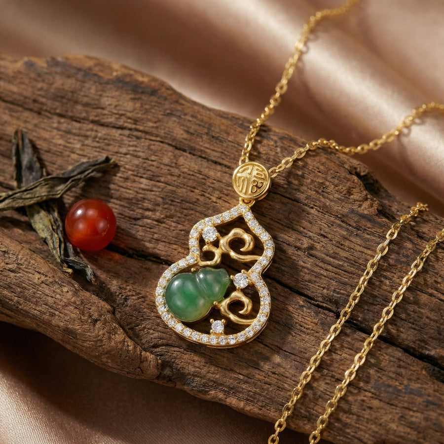 Auspicious Jade Gourd Prosperity Necklace – jade necklace, close-up