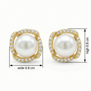 Pearl Studs in Square Frame – pearl earrings, close-up