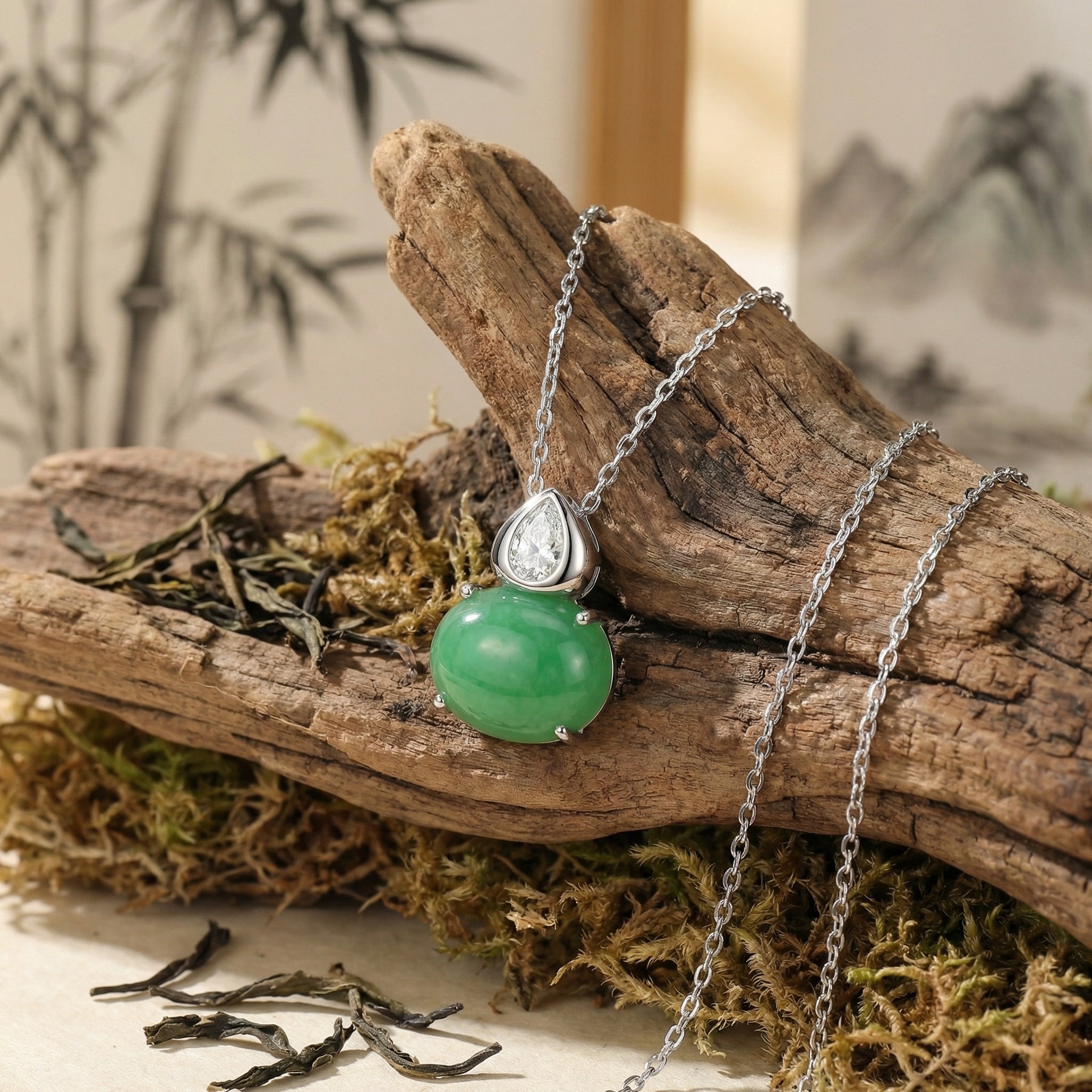 Jade Teardrop Sparkling stone Necklace – jade necklace, front view