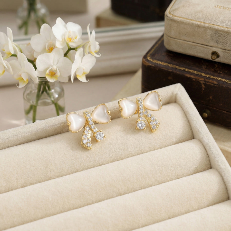 Bowknot Studs with Opal Hearts – opal earrings, side detail
