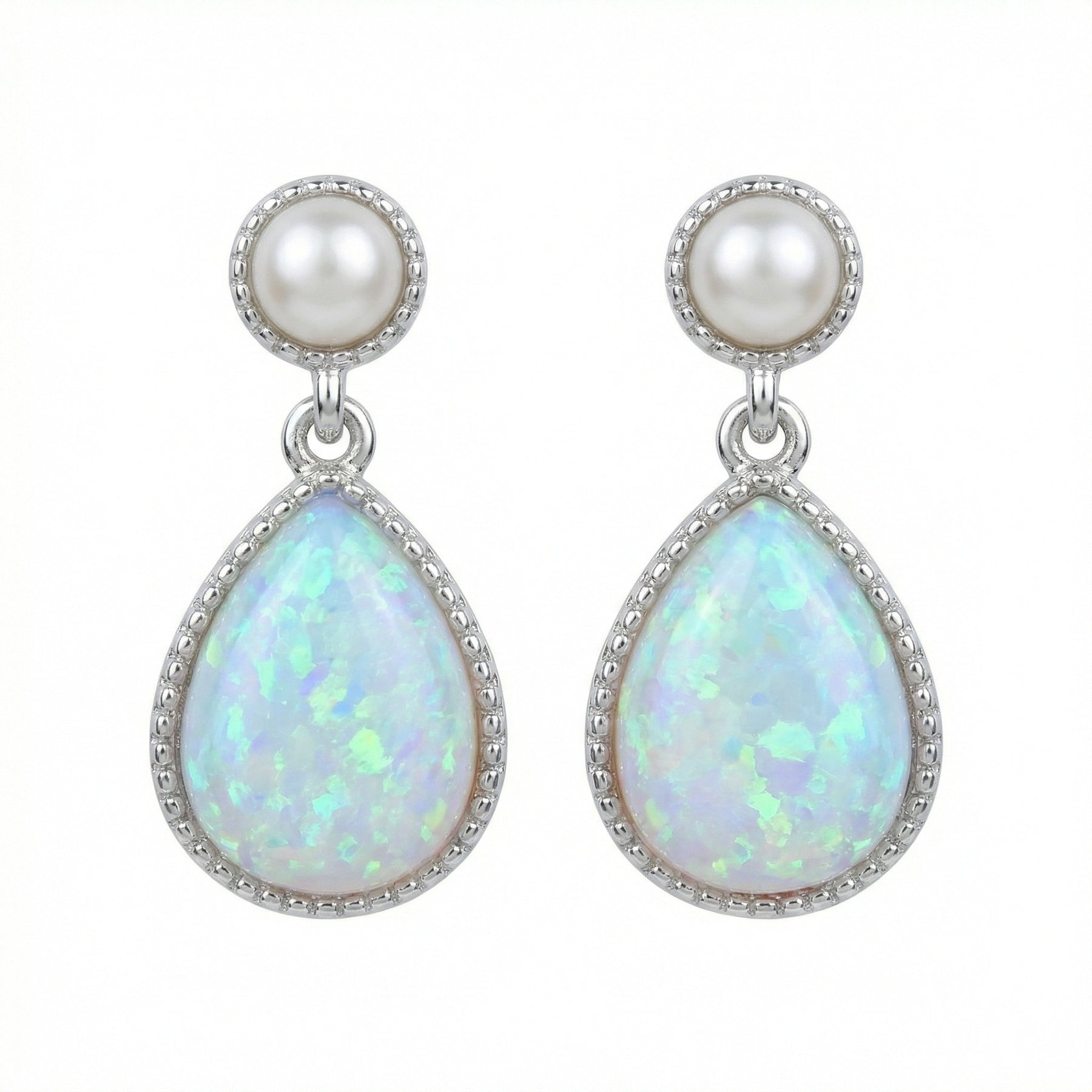 Opal and Pearl Teardrop Drop Earrings – pearl earrings, close-up