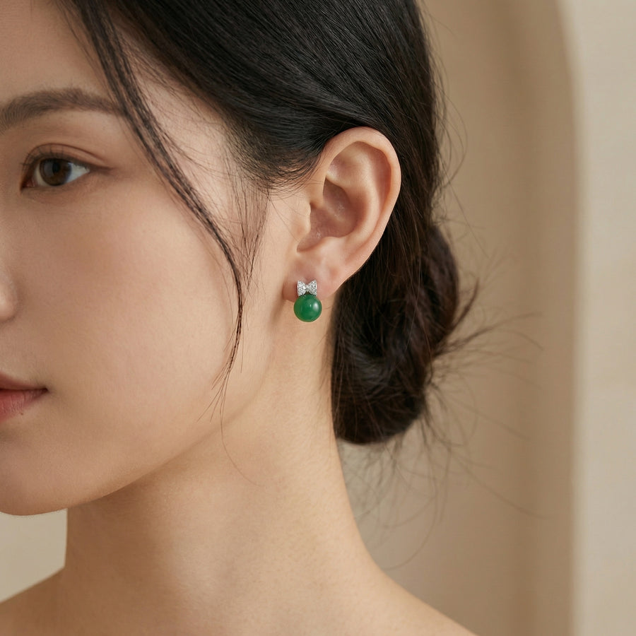 Green Sphere Ribbon Bow Earrings – sterling silver earrings, close-up