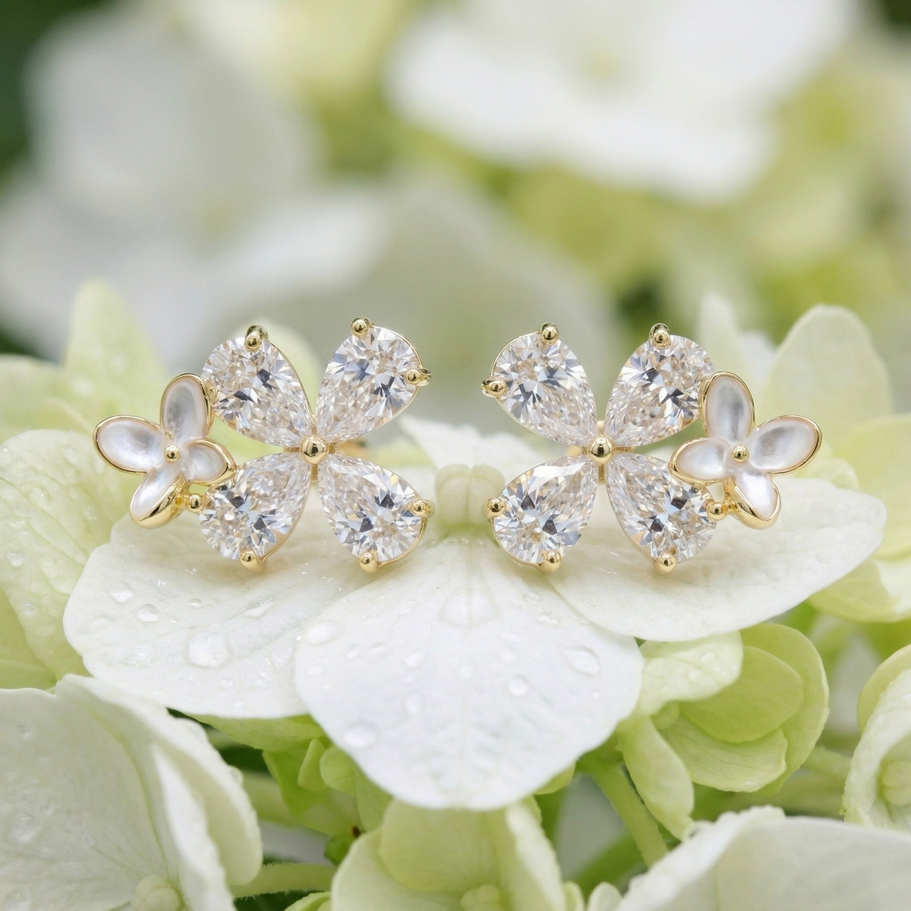 Butterfly Blossom Stud Earrings – mother-of-pearl earrings, close-up