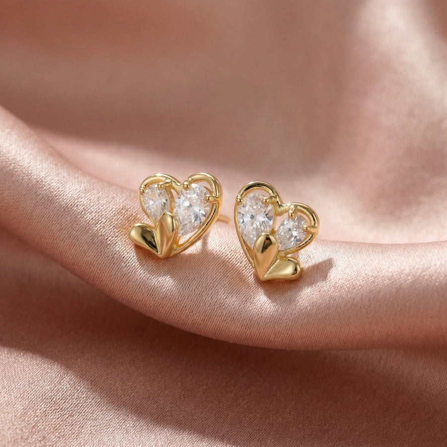 Double Heart CZ Stud Earrings – zircon earrings, front view