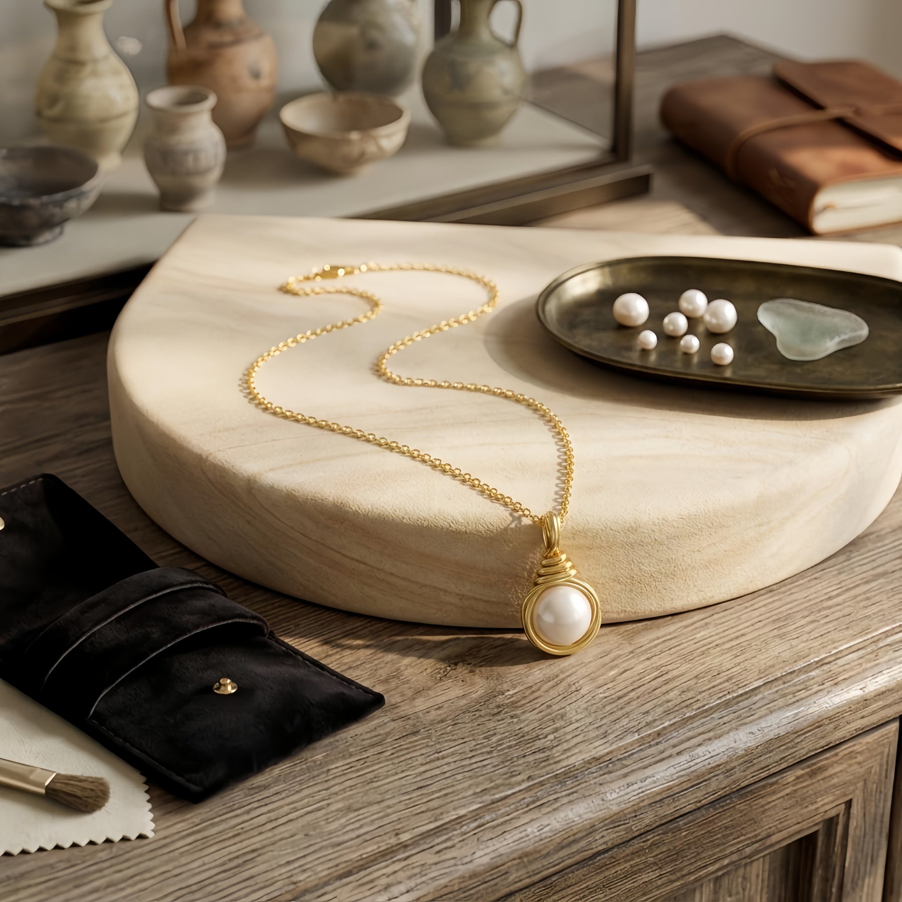 Wire-Wrapped Pearl Pendant Necklace – pearl necklace, front view