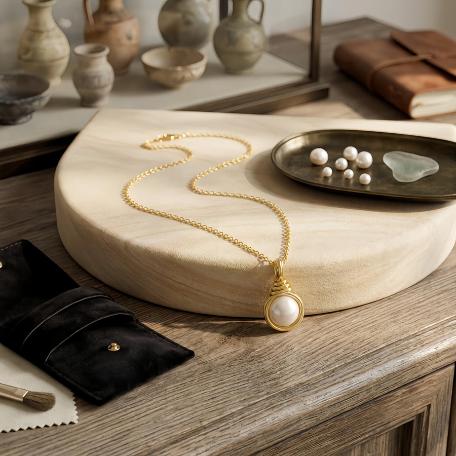 Wire-Wrapped Pearl Pendant Necklace – pearl necklace, front view
