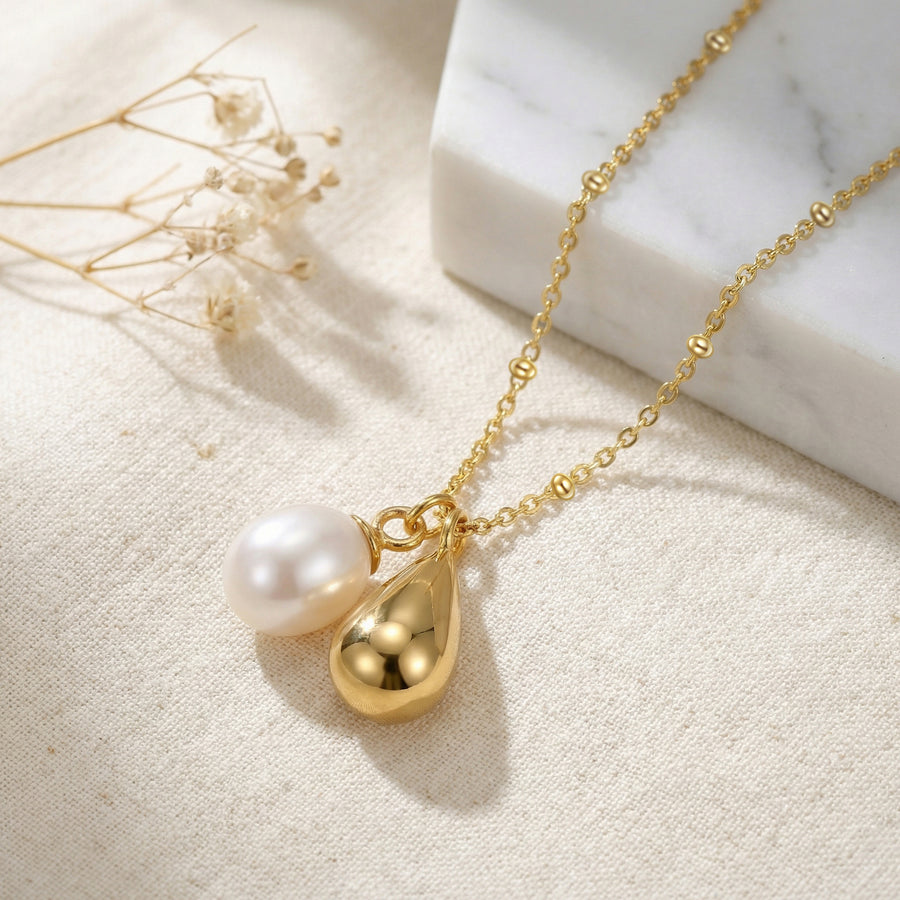 Dual Drop Necklace, Pearl and Charm – pearl necklace, front view