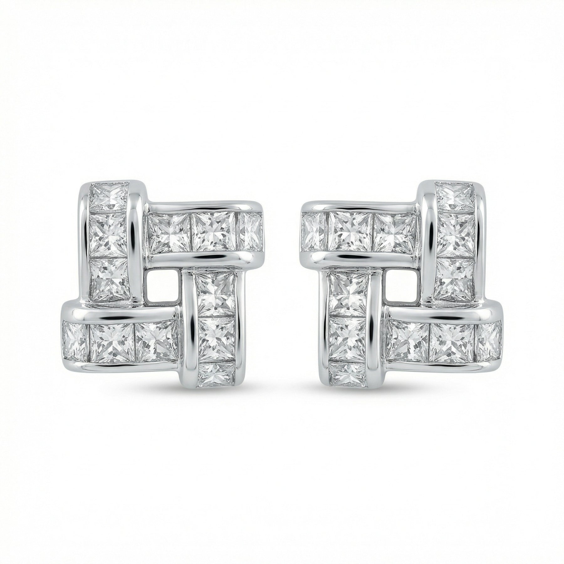 Interlaced Square Princess-Cut Studs – sterling silver earrings, side detail