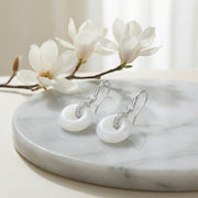 White Round Stone Drop Earrings – sterling silver earrings, front view