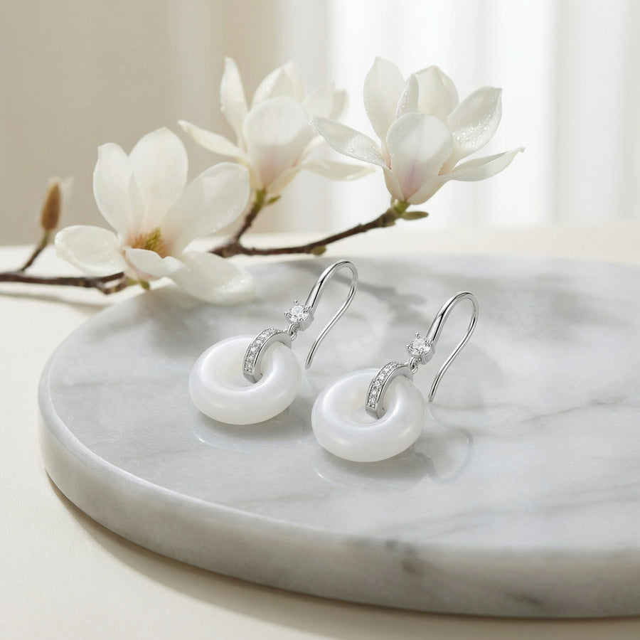 White Round Stone Drop Earrings – sterling silver earrings, front view