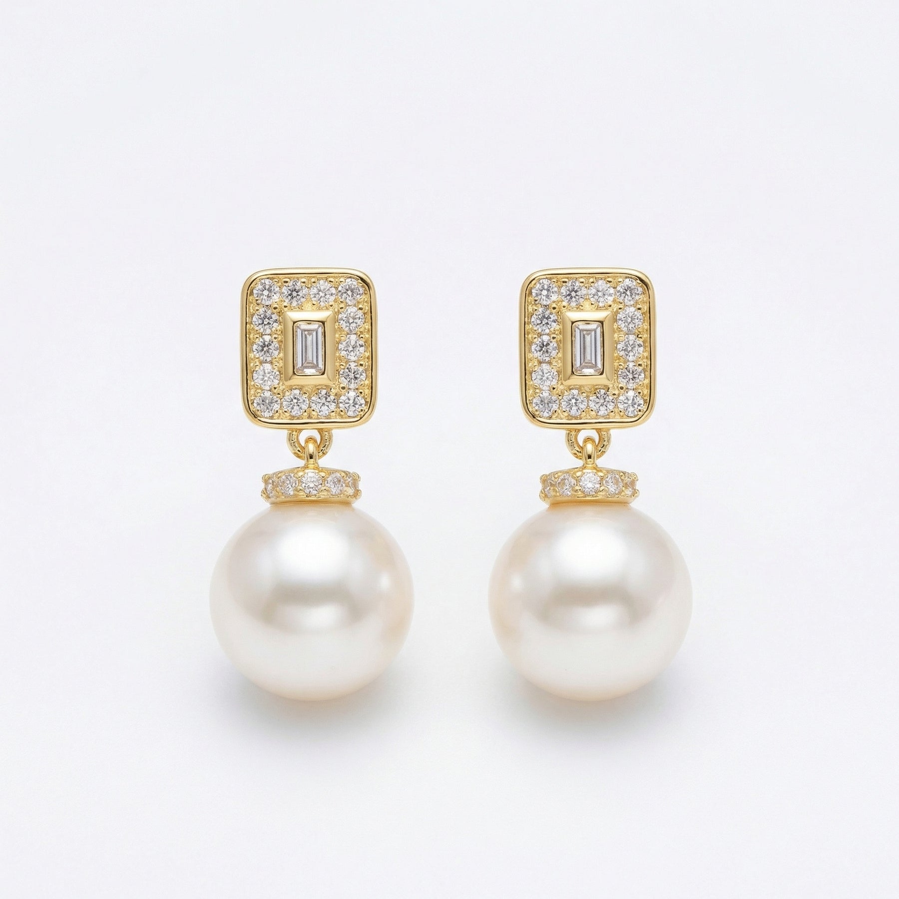 Pearl Drops with Rectangular Accents – pearl earrings, front view