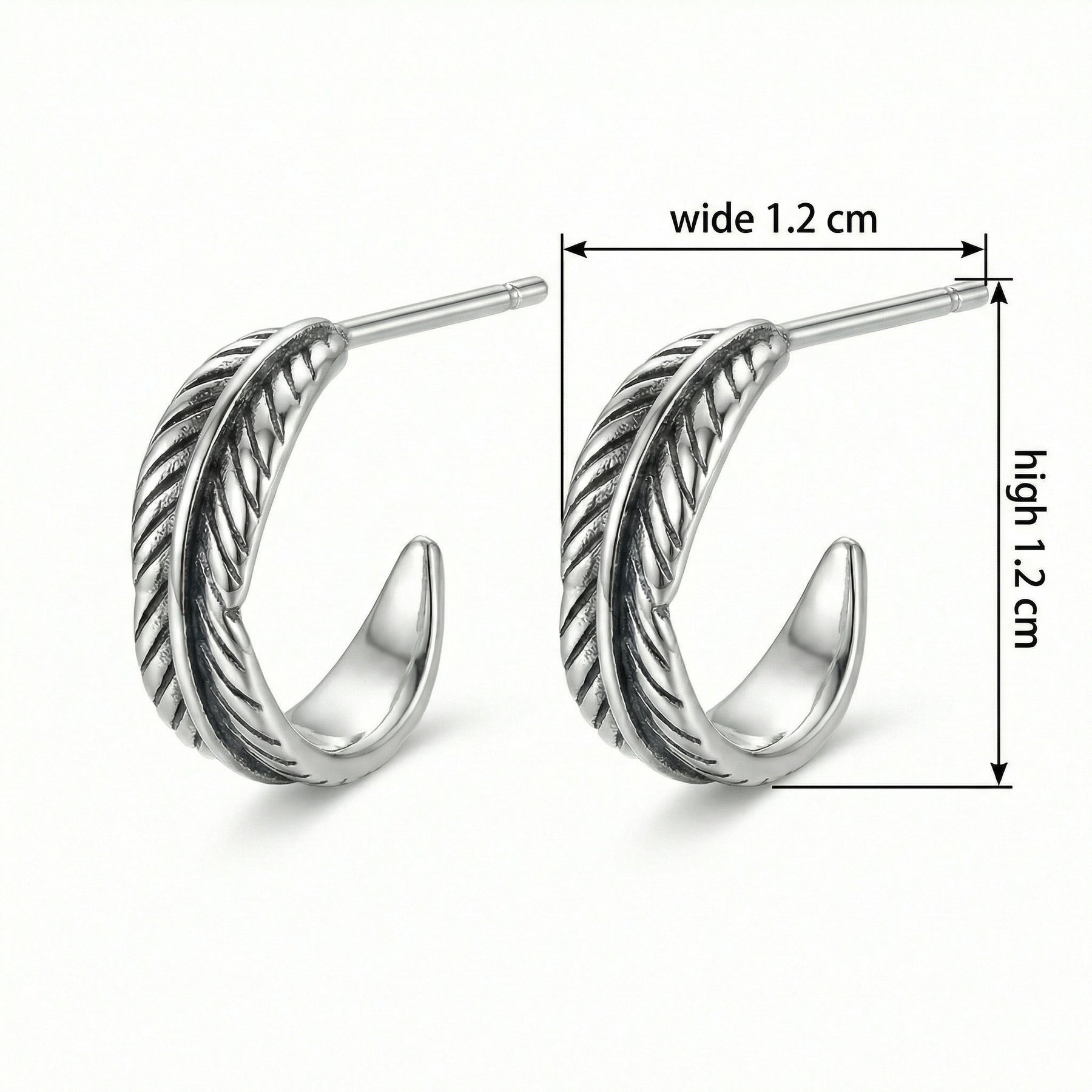 Oxidized Feather Half-Hoop Earrings – sterling silver earrings, side detail