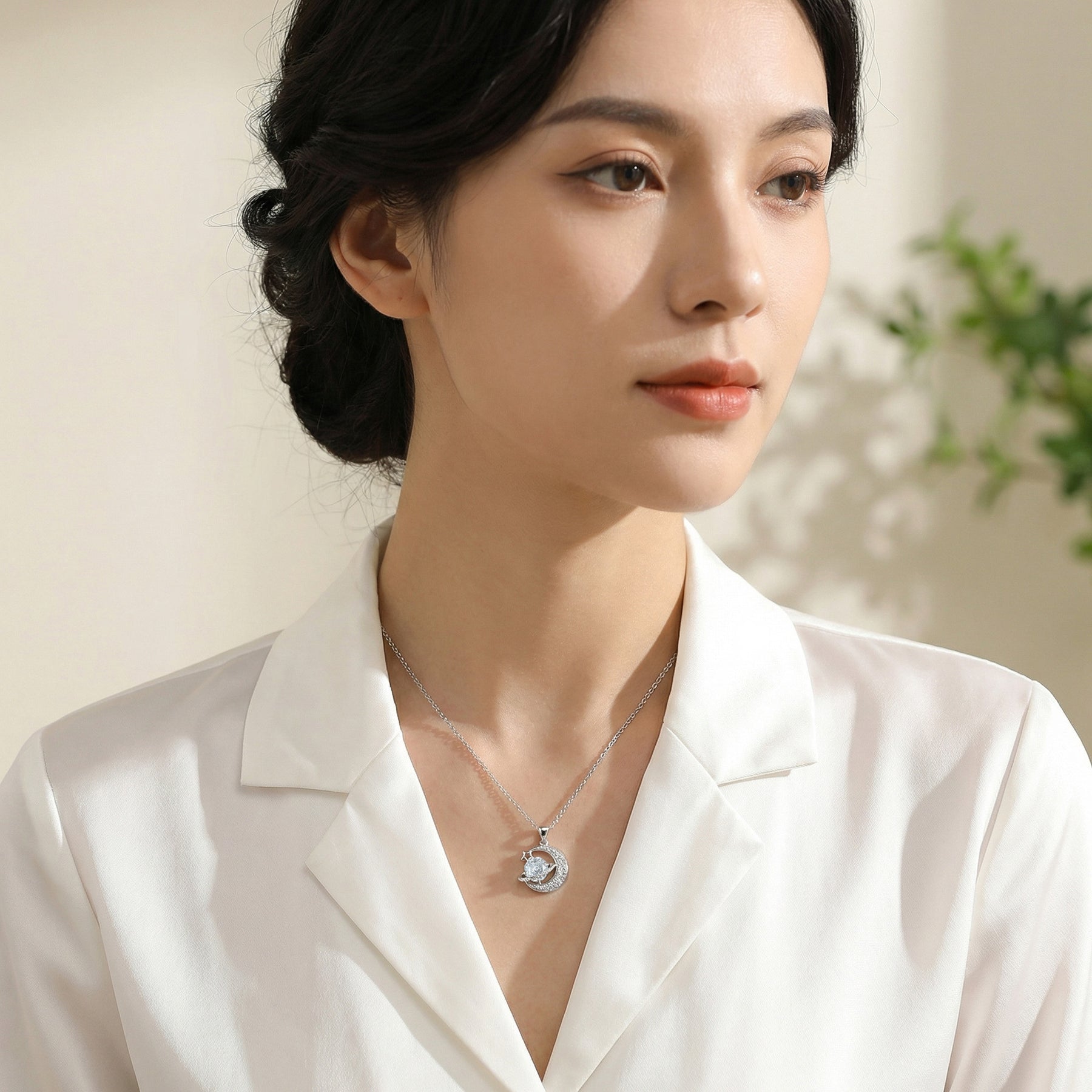 Crescent Moon and Planet Necklace – sterling silver necklace, side detail