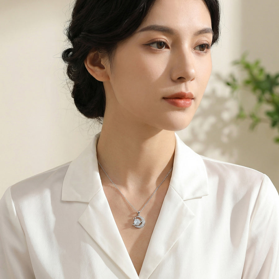 Crescent Moon and Planet Necklace – sterling silver necklace, side detail