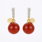 Red Sphere Fortune Charm Earrings – sterling silver earrings, front view