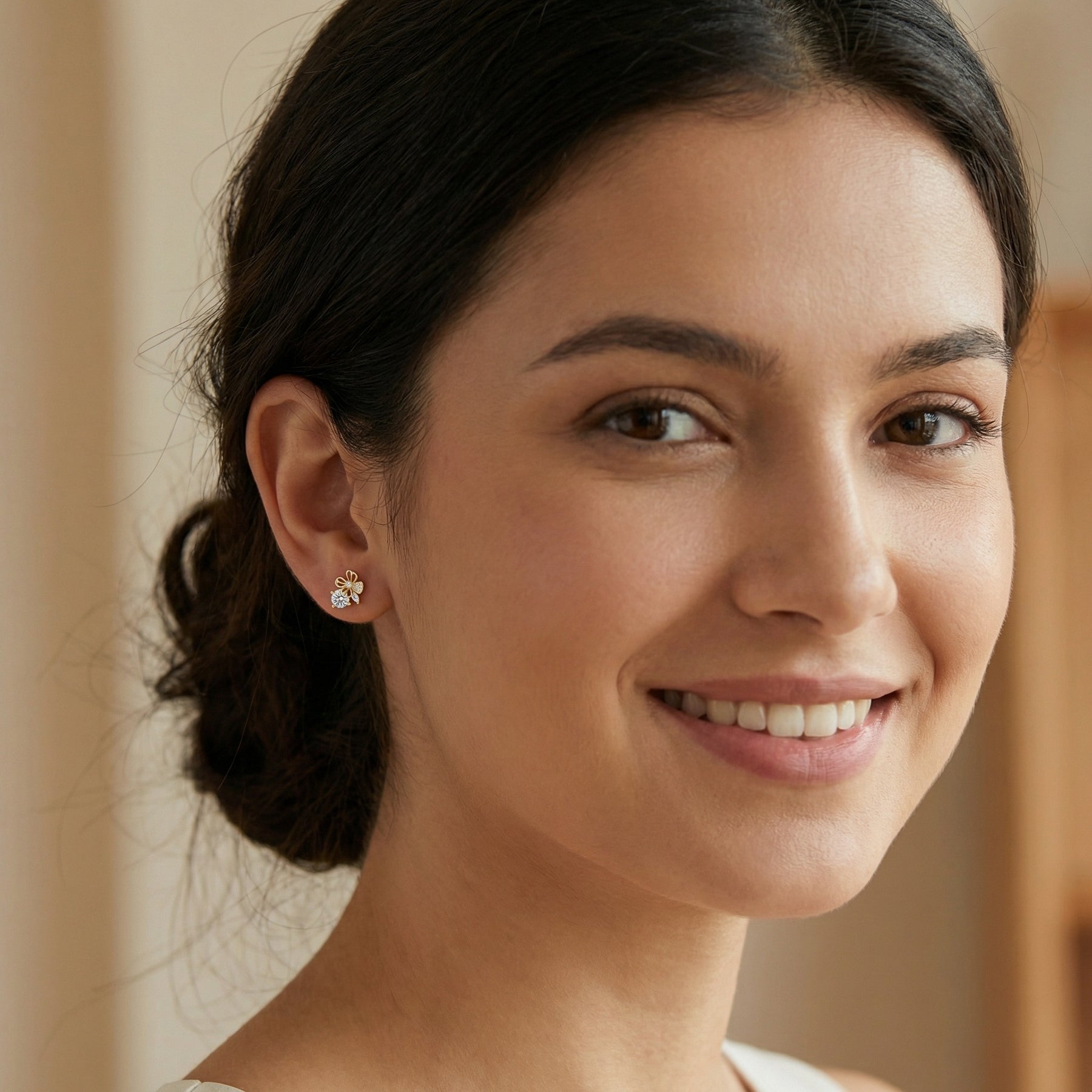 Butterfly and Floral Stud Earrings – sterling silver earrings, close-up