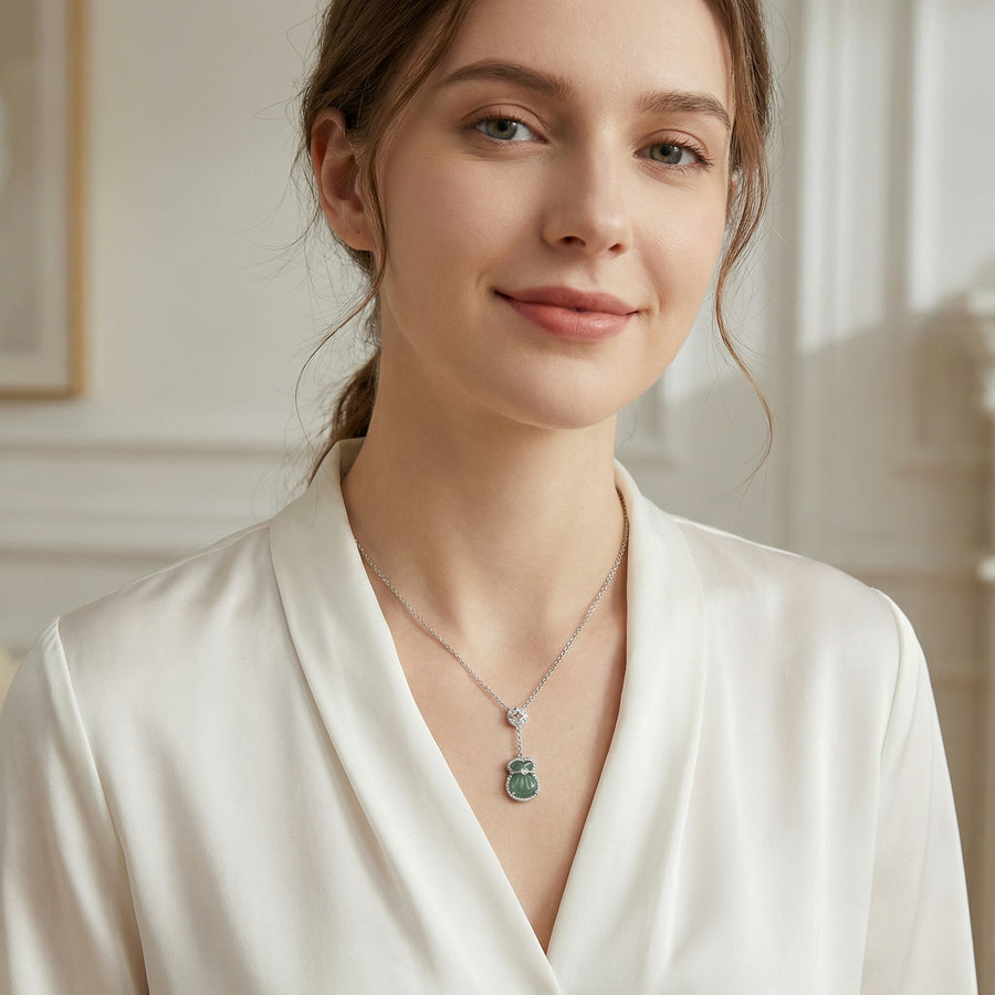 Green Jade Money Bag Pendant Necklace – jade necklace, side detail